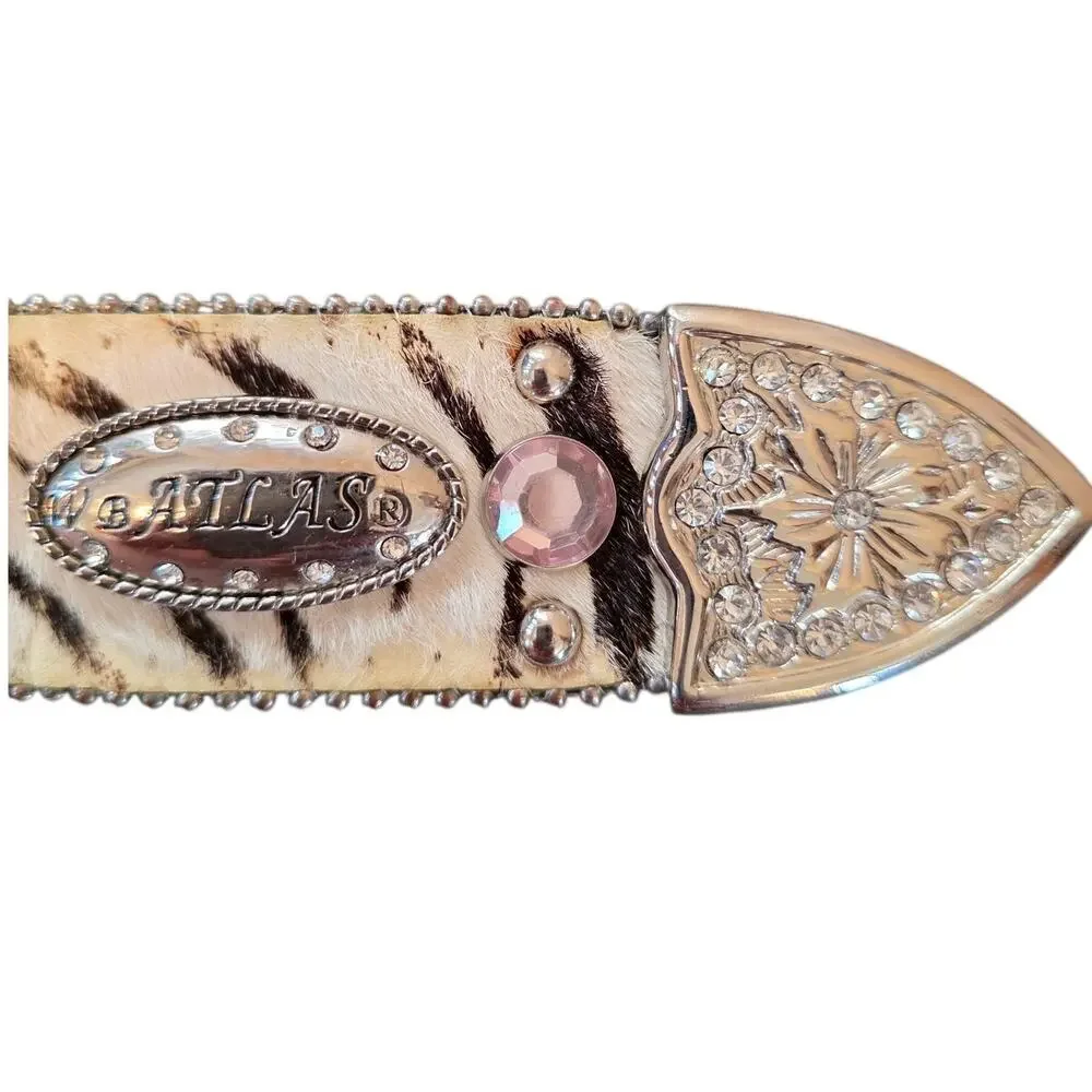 Atlas Western Calf Hair Zebra Print Pink Rhinestones Silver Studded Belt 34 XS